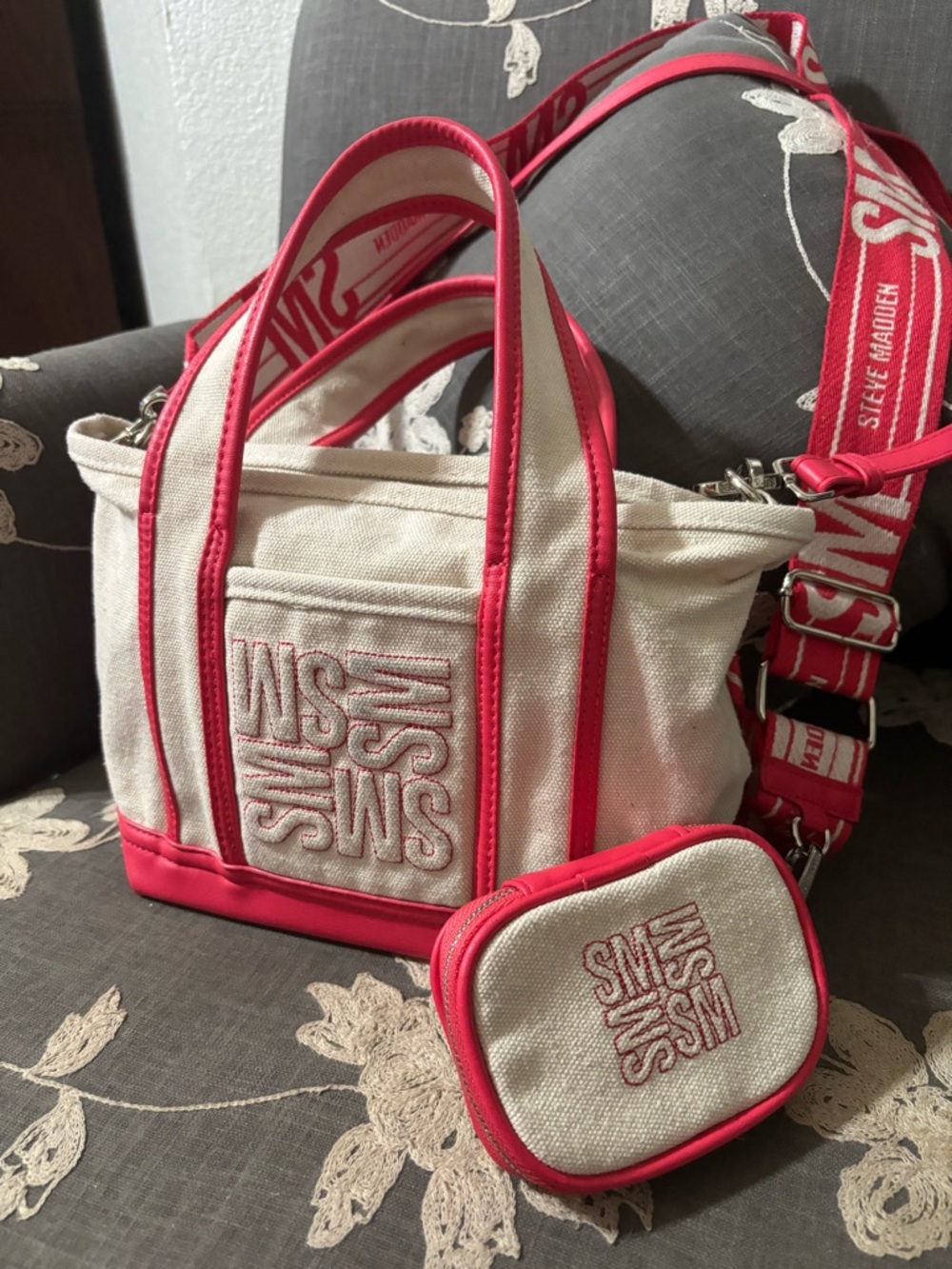 Steve Madden Cream & Pink Canvas Tote with Detachable Strap